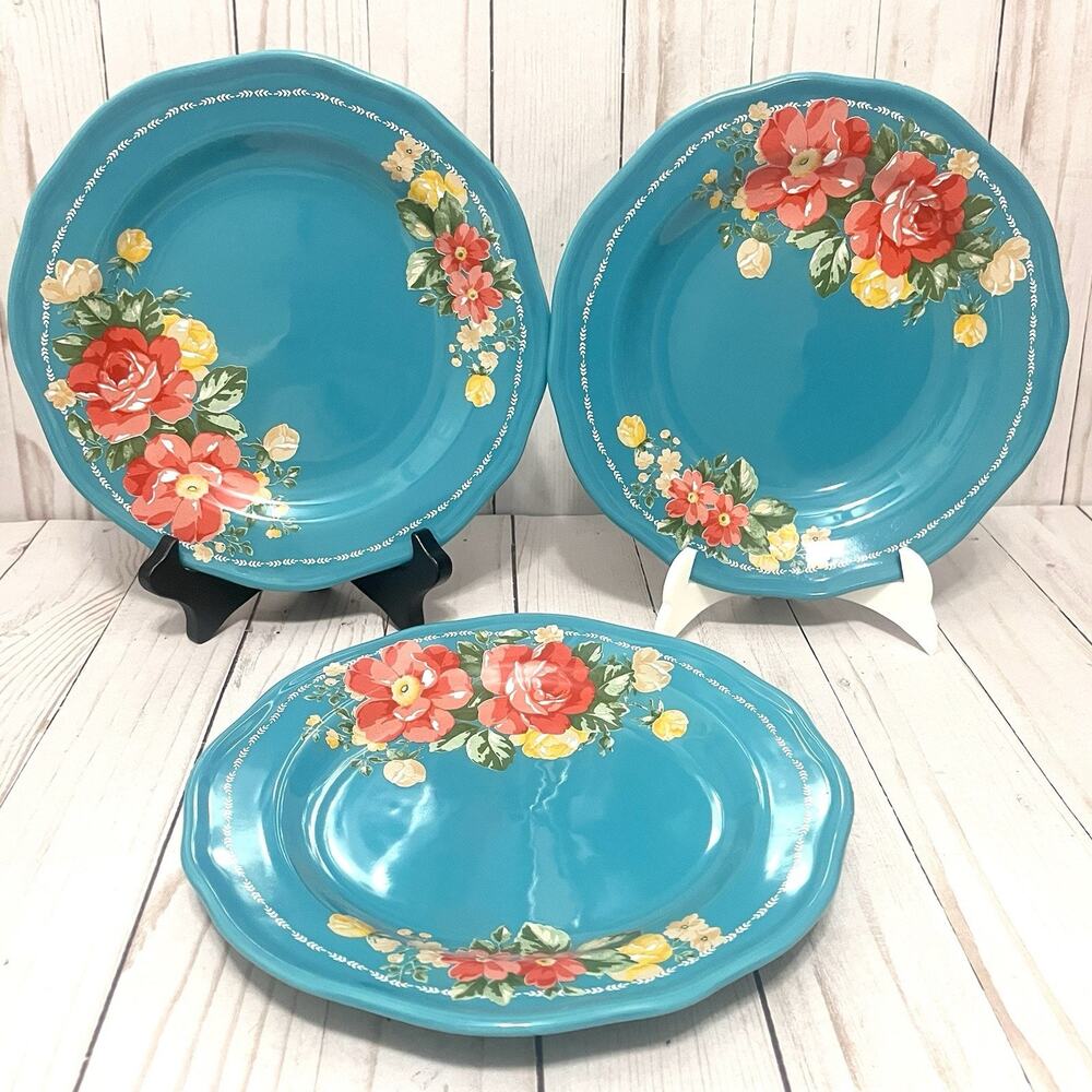 Pioneer Woman Salad Plates 8.5" Vintage Garden Floral Teal Stoneware Set Of 3 - Picture 2 of 8